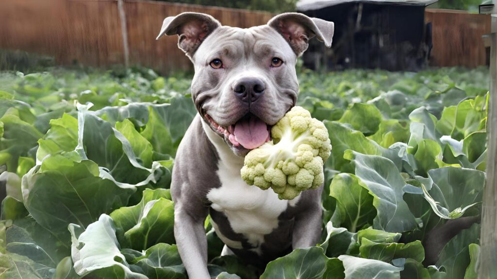 Een pitbull hond met bloemkool in zijn mond